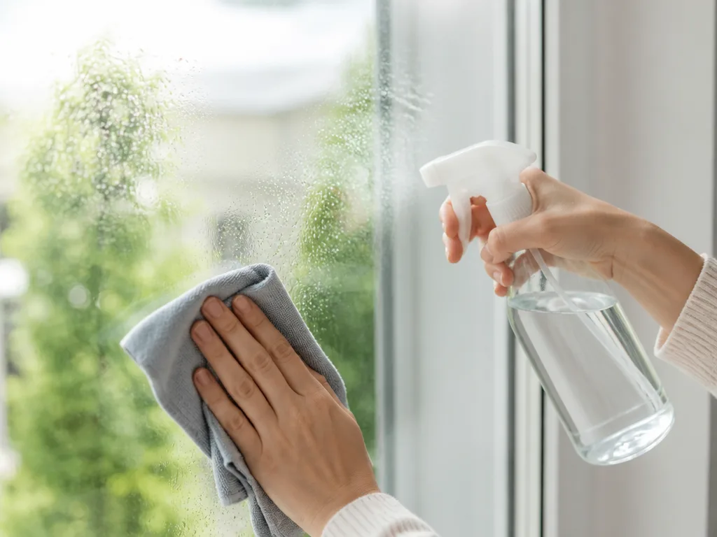 Person putsar ett fönster med sprayflaska och mikrofiberduk i dagsljus