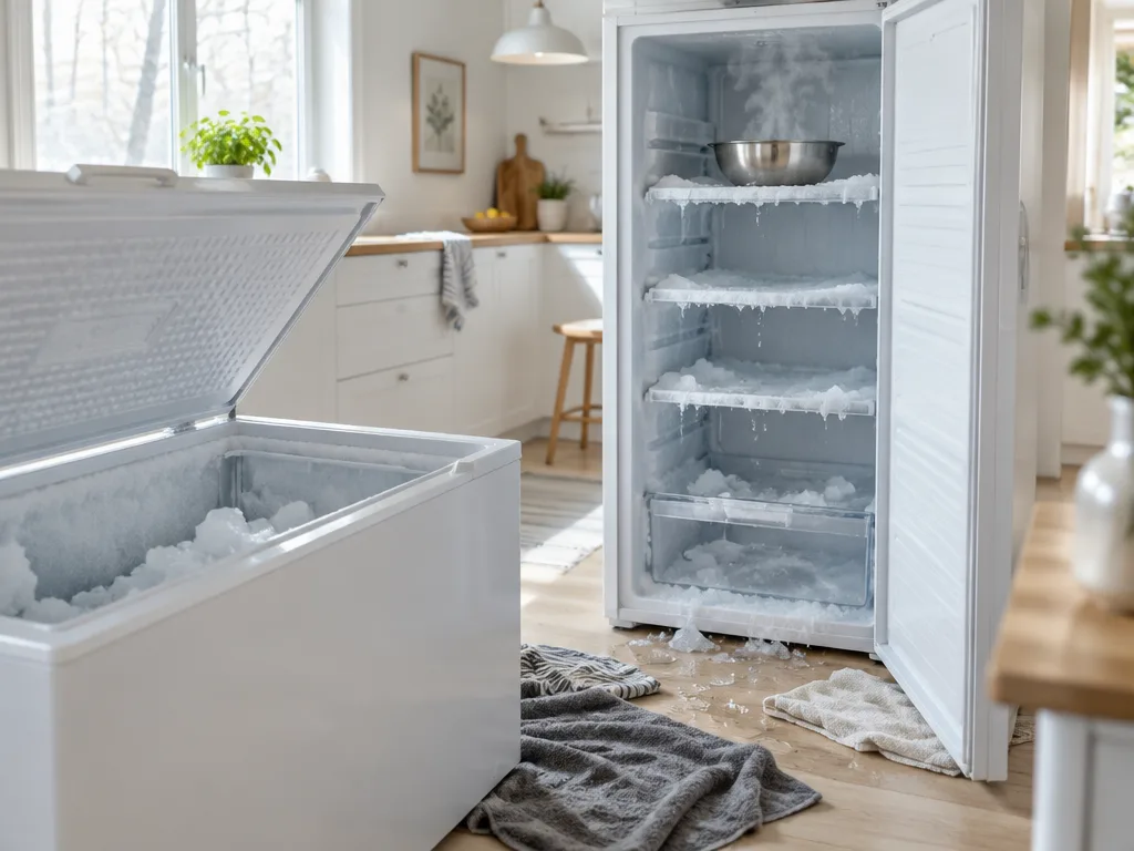Frys och frysbox som frostas av i ett ljust kök med en skål hett vatten på hyllan och handdukar på golvet