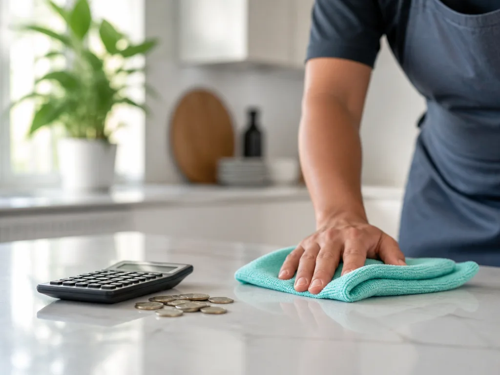 En hand torkar av en köksbänk med en mikrofiberduk bredvid en miniräknare och mynt i ett ljust hem