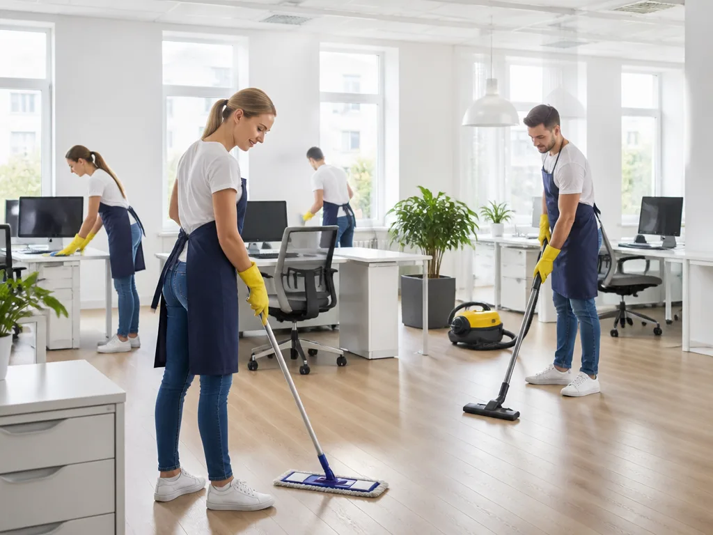 Professionell städare med mopp i modernt öppet kontorslandskap med stora fönster och vita väggar