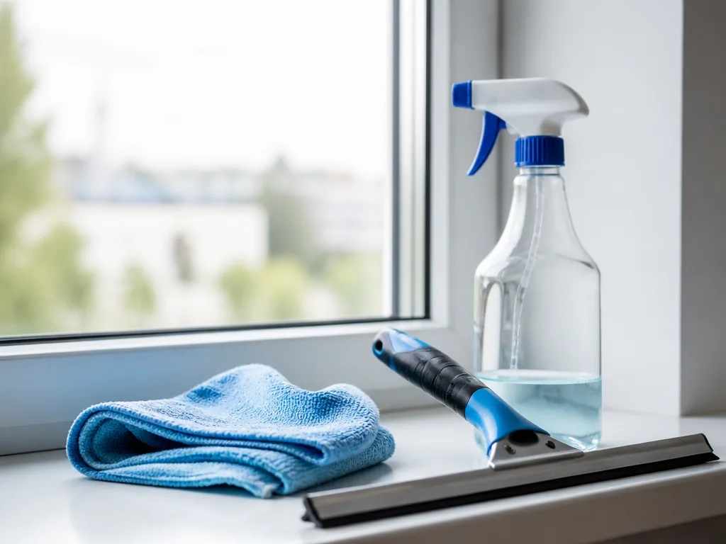 Fönsterputsverktyg på en ljus fönsterbräda – skrapa, mikrofiberduk och sprayflaska i naturligt dagsljus