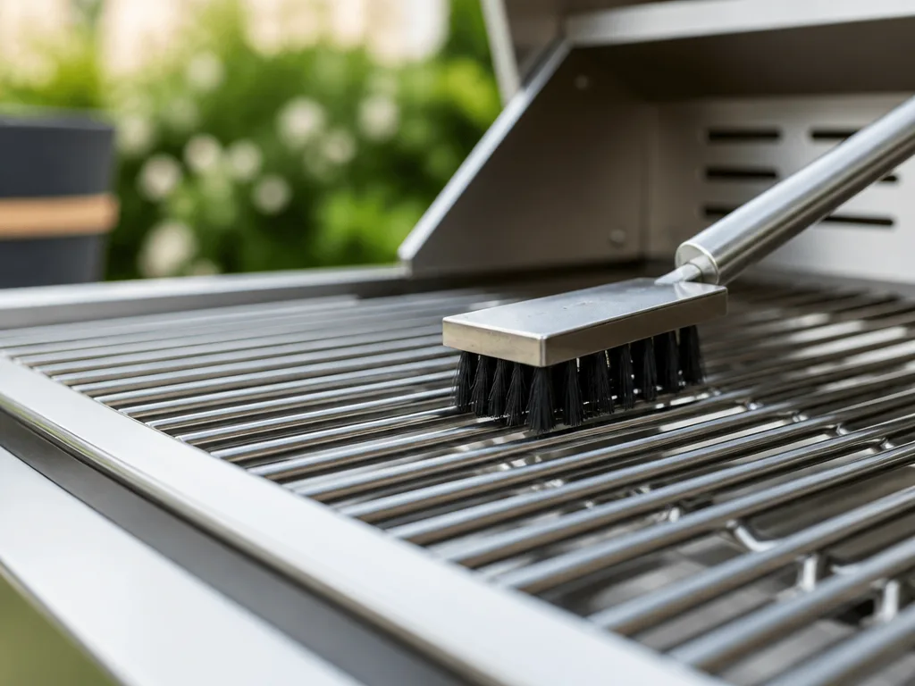 Grillgaller borstas rent med grillborste ovanför en gasolgrill utomhus