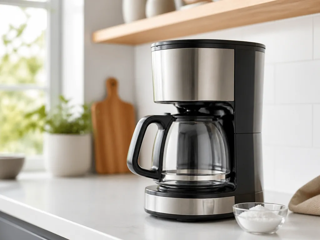 Modern droppkaffebryggare på ljus köksbänk med glaskanna och avkalkningspulver
