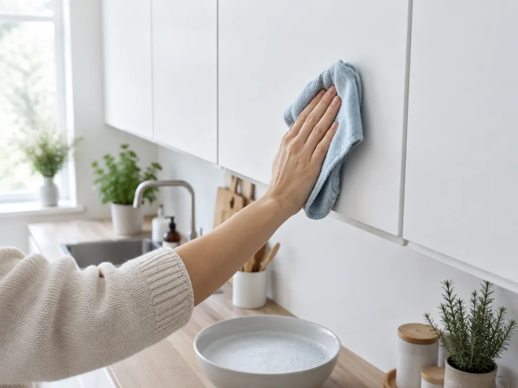 Hand som torkar av en vit köksskåpslucka med en mjuk mikrofiberduk i ett ljust kök