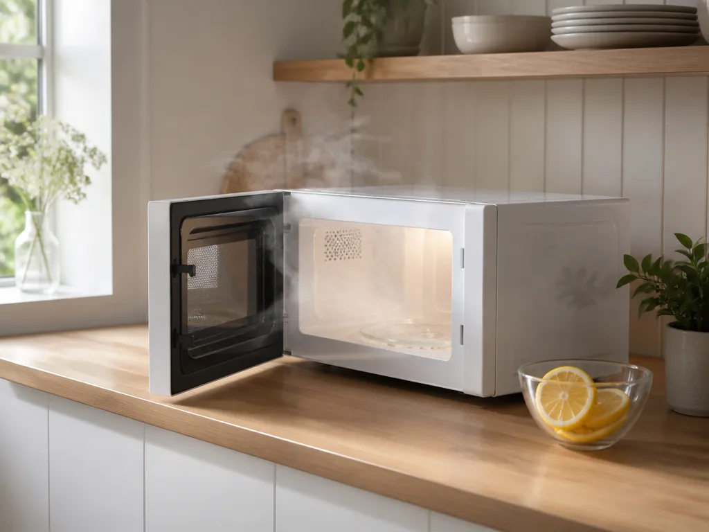 Vit mikrovågsugn på köksbänk med citronskivor i glasskål och naturligt fönsterljus