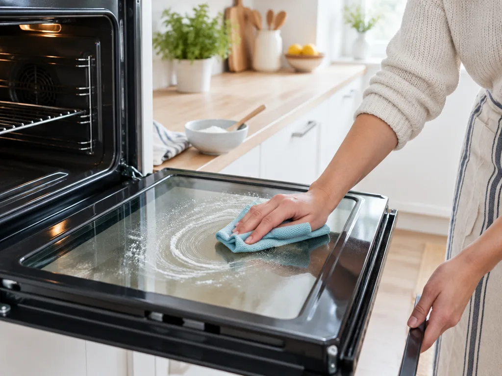 Person torkar bikarbonatpasta från glaset på en öppen ugnslucka med blå mikrofiberduk i ljust kök
