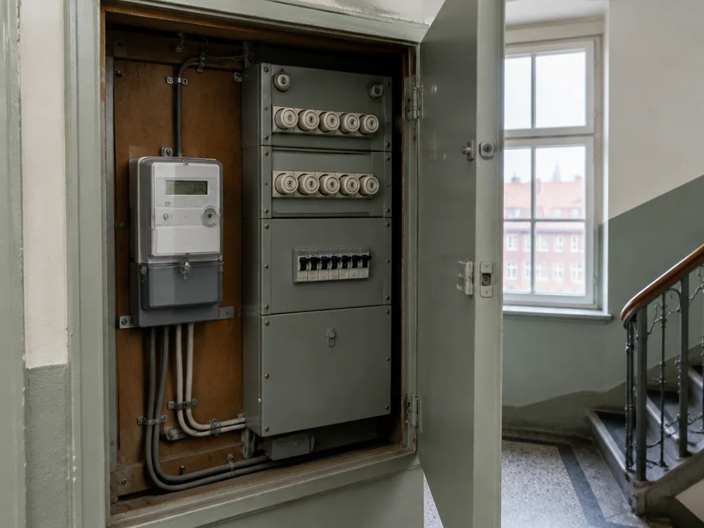 Elmätare och elcentral i ett trapphusskåp i ett flerbostadshus i Göteborg