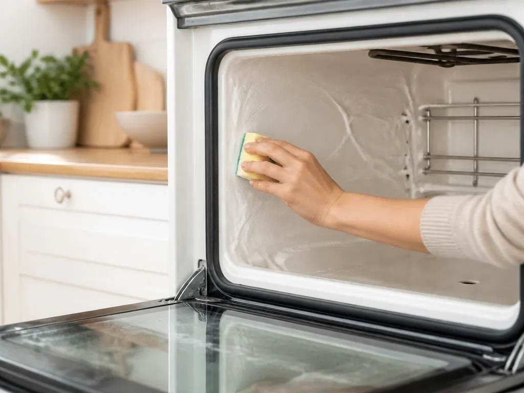 Händer som rengör insidan av en vit ugn med svamp och bikarbonatpasta i skandinaviskt kök