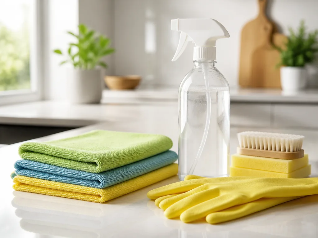 Prydliga städtillbehör på en vit köksbänk – mikrofiber, sprayflaska och borste i naturligt dagsljus