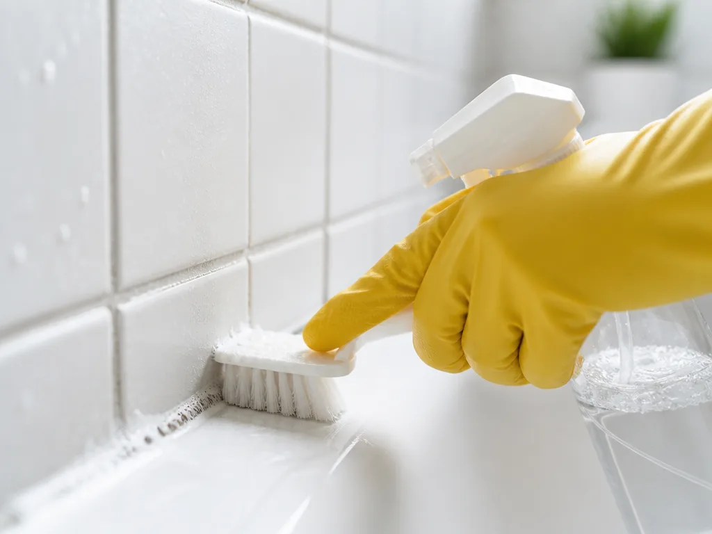 Hand i gul gummihandske skrubbar kakelfogar i badrummet med borste och sprayflaska