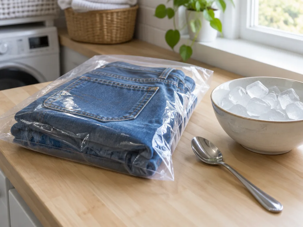 Vikta jeans i en plastpåse bredvid en skål med isbitar och en sked på en bänk i tvättstugan