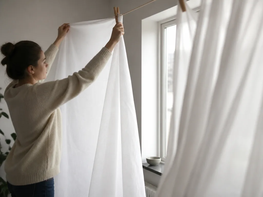 Vita gardiner tas ner och hängs upp vid ett ljust fönster för att torka efter tvätt
