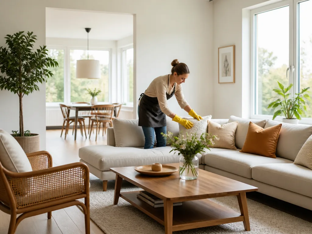 Ljust vardagsrum som städas skinande rent inför en bostadsvisning